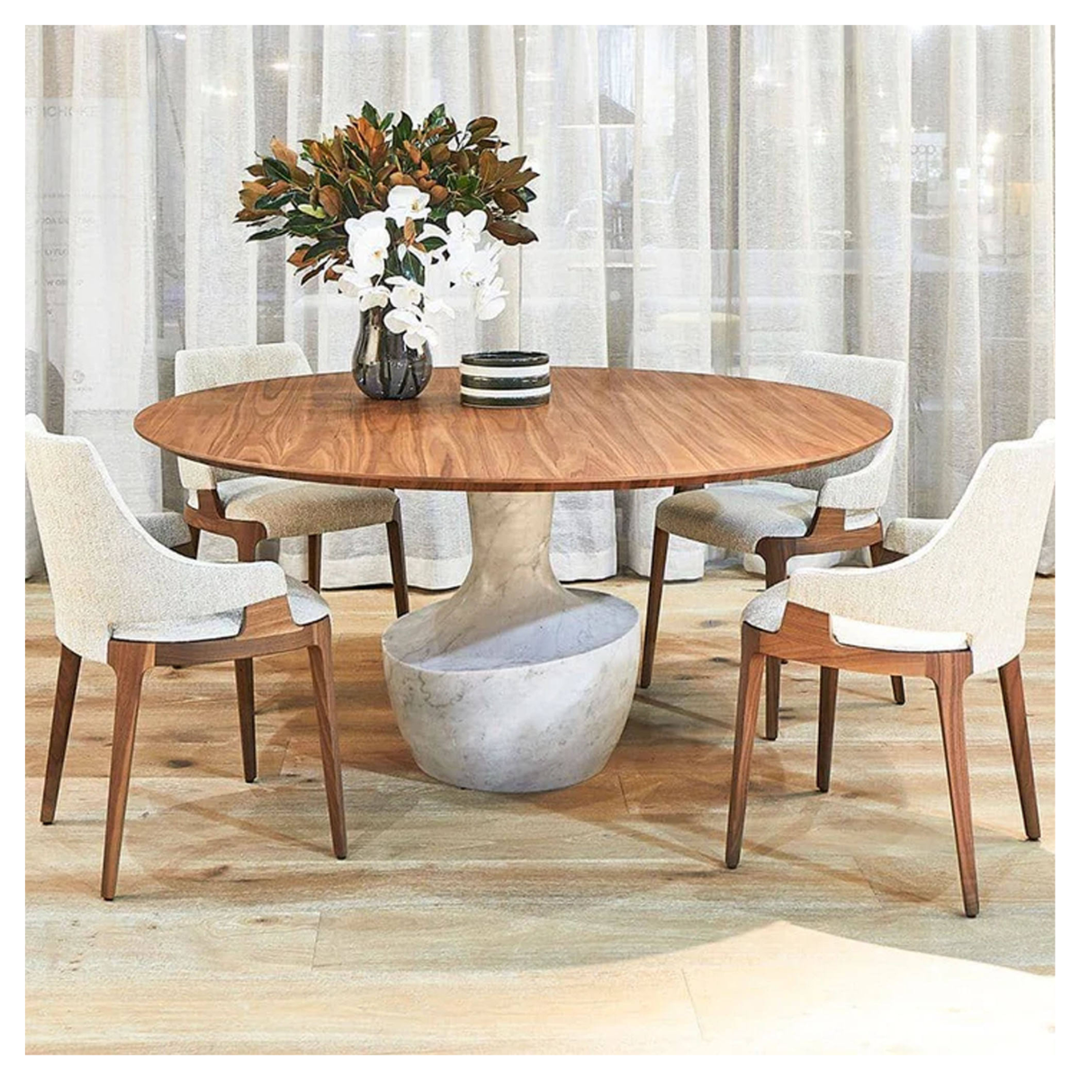 Round Walnut Wood Marble Base Dining Table